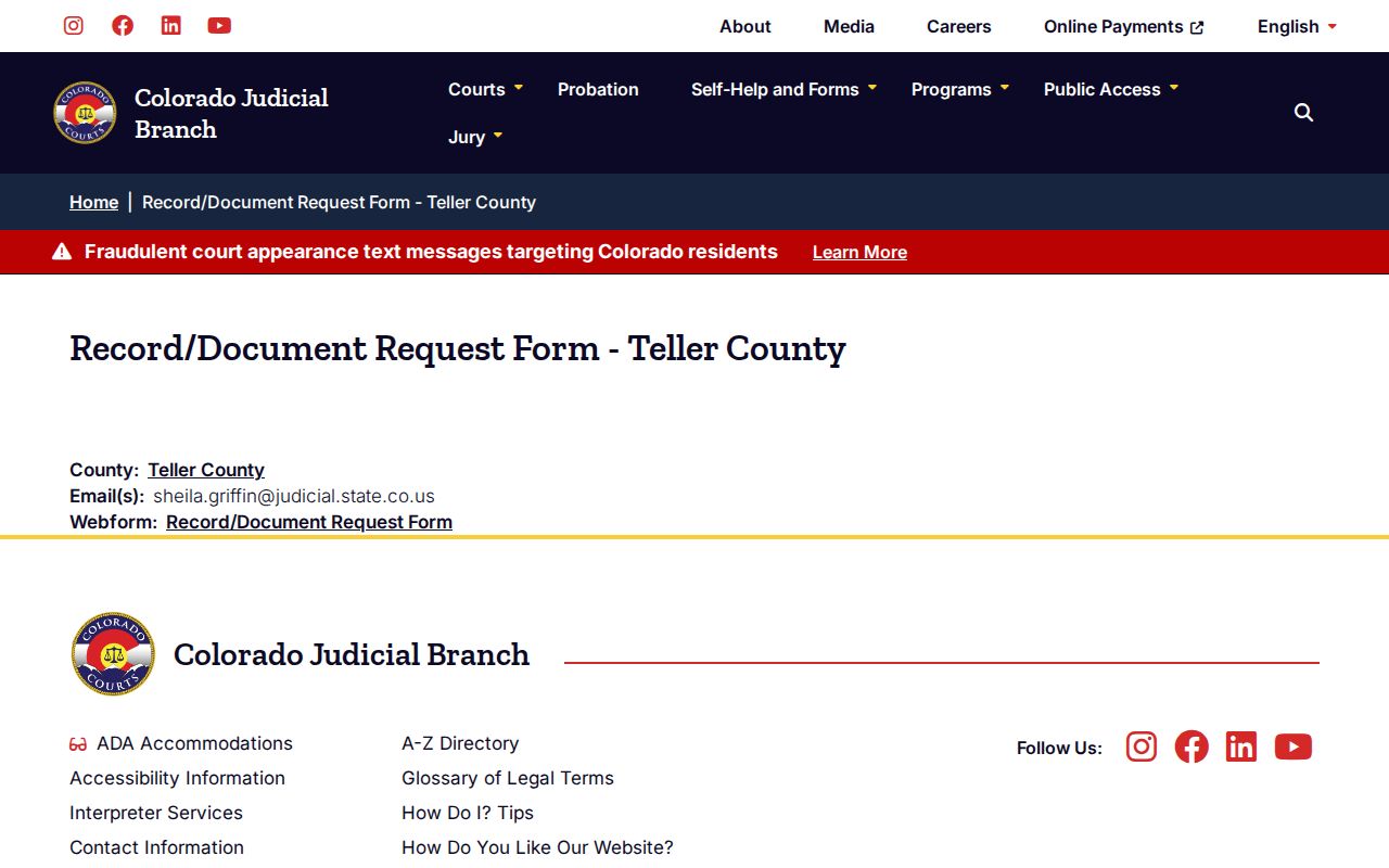 Teller County warrant search court request page