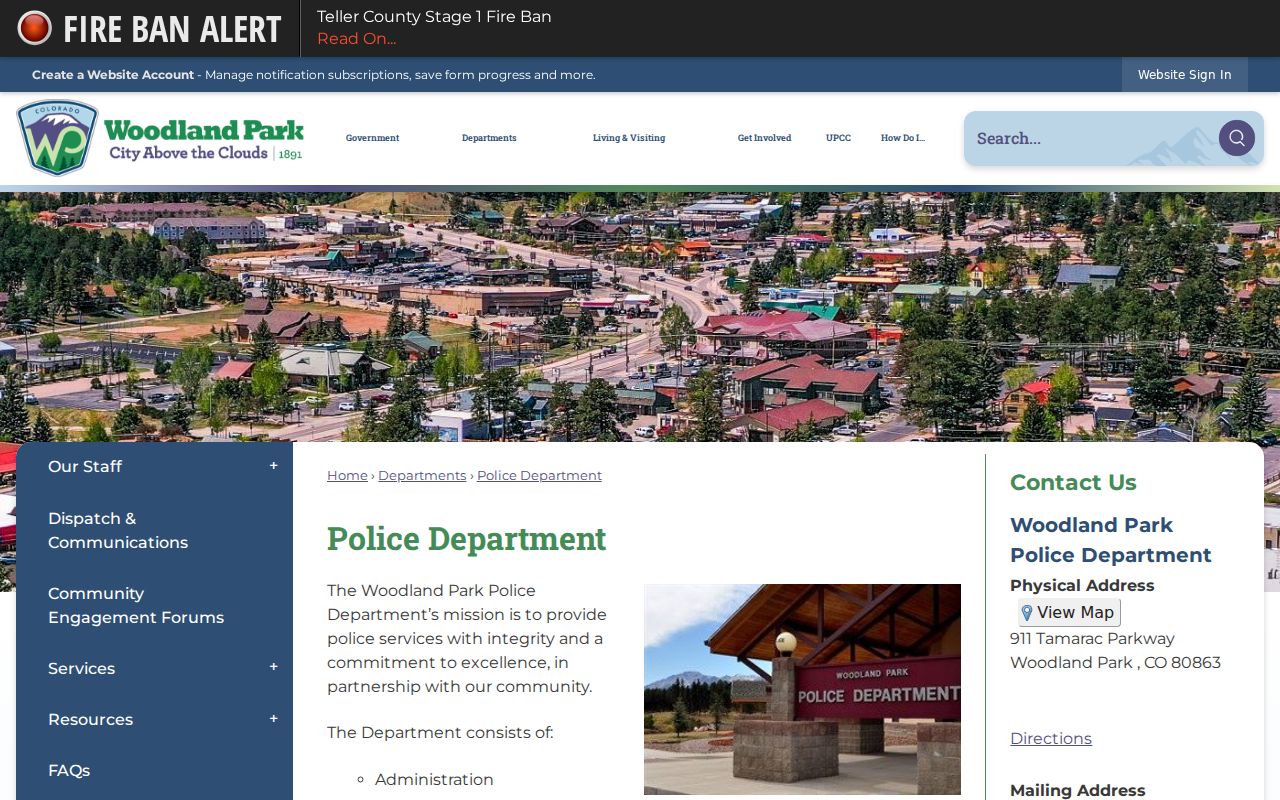 Woodland Park Police Department official contact page