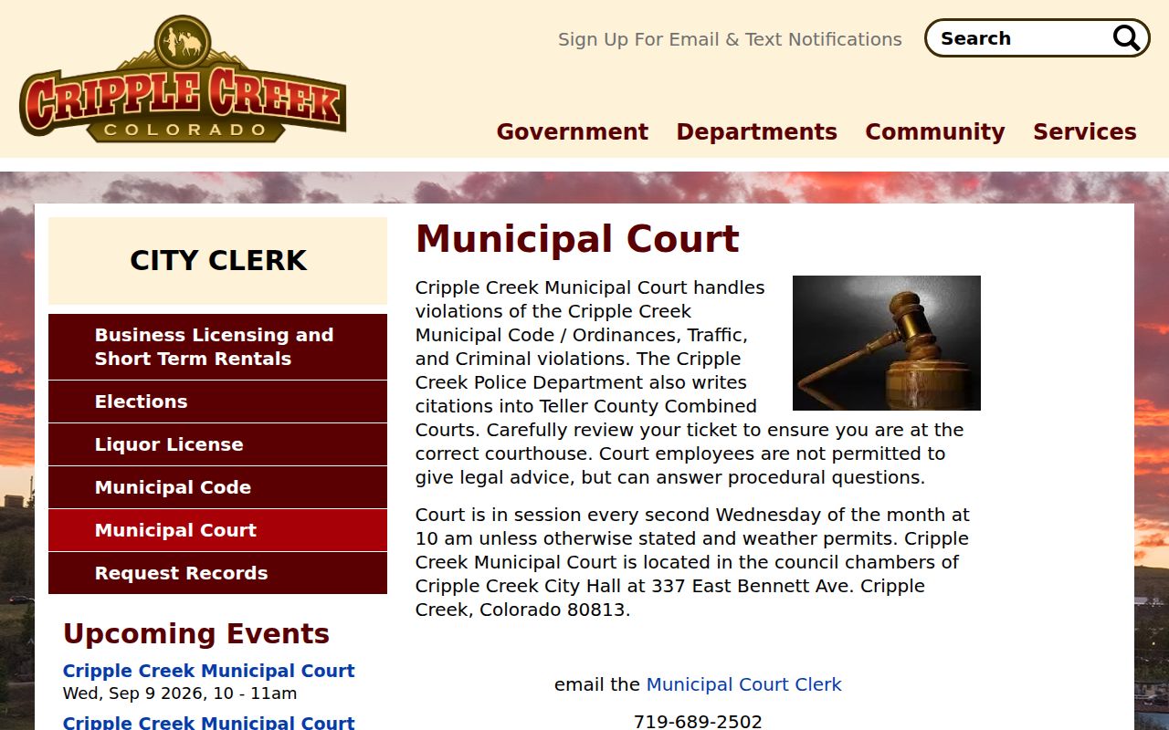 Teller County municipal court warrant contact for Cripple Creek